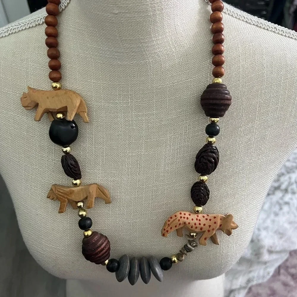 Vintage purple & Beige Beaded & Tribal Animal Statement Necklace